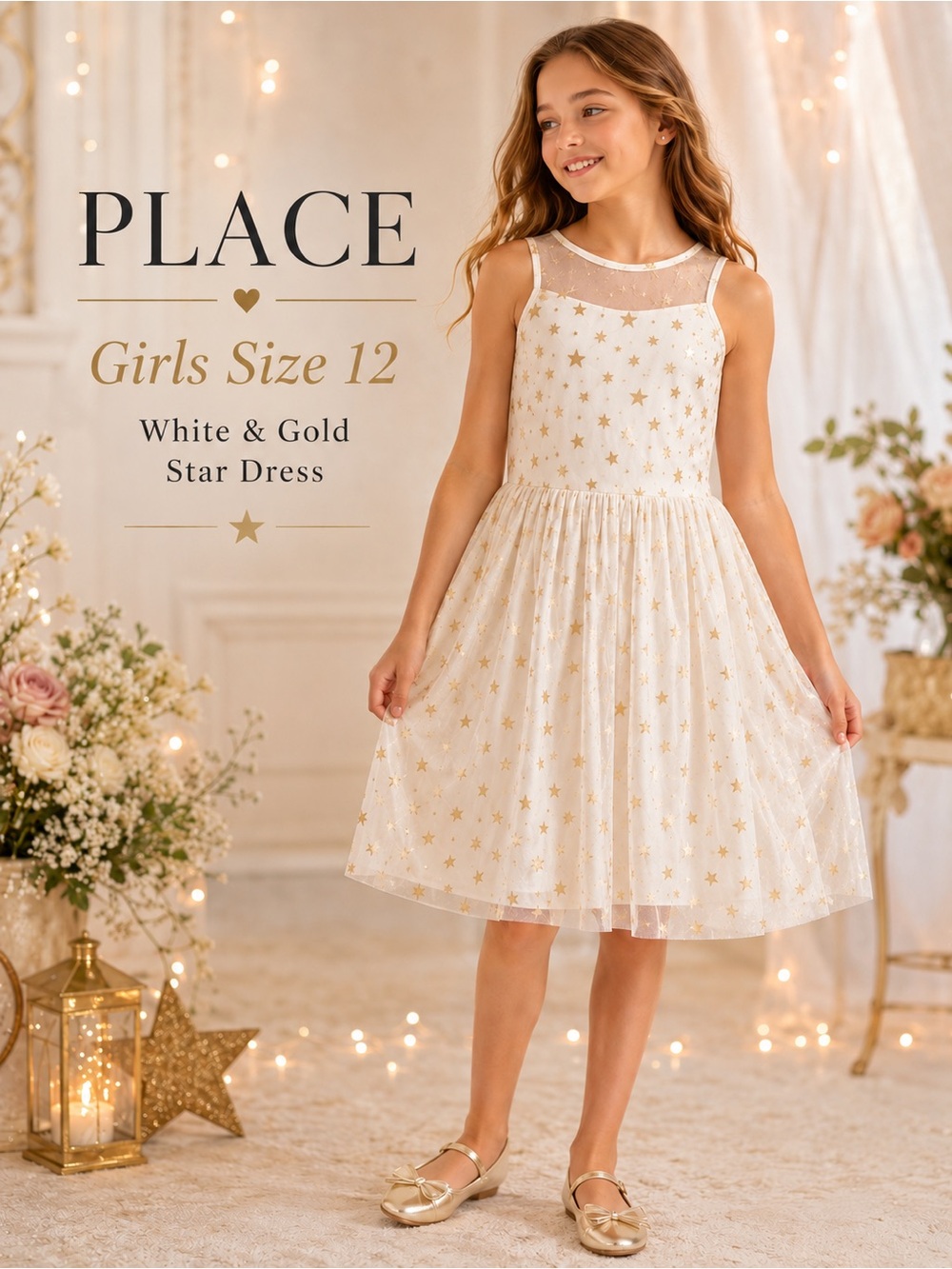 Place Girls White Gold Star Mesh Dress Size 12 Special Occasion